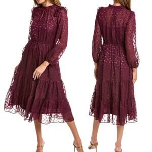 Julia Jordan Clip Dot Ruffle Drawstring Long Sleeve Midi Dress Burgundy Sz 2 NWT